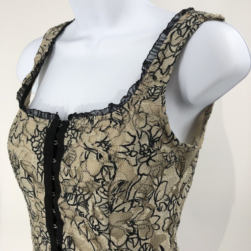 Vtg Long Nude Black Lace Corset Bustier Top Women S Gem